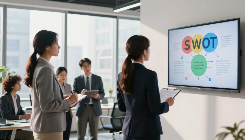 A professional business setting featuring a diverse group of businesspeople engaged in a market analysis discussion. In the foreground, a woman in a tailored suit presenting a colorful SWOT matrix on a wall-mounted screen. The middle ground shows attentive colleagues, one taking notes while another analyzes data on a tablet. The background consists of a modern office with large windows, allowing natural light to flood the room, creating a bright and energetic atmosphere. Soft shadows cast by the office furniture enhance depth. The scene conveys collaboration, strategic thinking, and the importance of market analysis, with an inspirational vibe encouraging growth and understanding.