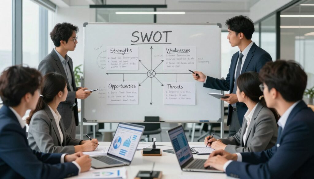 A professional setting showcasing a detailed market analysis using the SWOT matrix. In the foreground, a diverse group of business professionals, dressed in business attire, collaborate around a large table with documents and digital devices displaying charts and data visualizations. In the middle, a whiteboard is prominently featured, filled with handwritten notes and diagrams illustrating the SWOT analysis components: Strengths, Weaknesses, Opportunities, and Threats. The background depicts a modern office environment with large windows, allowing natural light to fill the room, creating a bright and inspiring atmosphere. The scene conveys a sense of teamwork and strategic thinking, emphasizing the analytical process involved in market research.