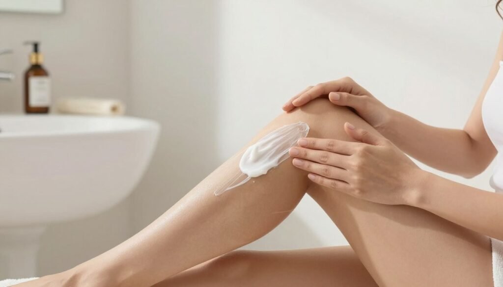 Mulher usando loção hidratante corporal no pós-banho