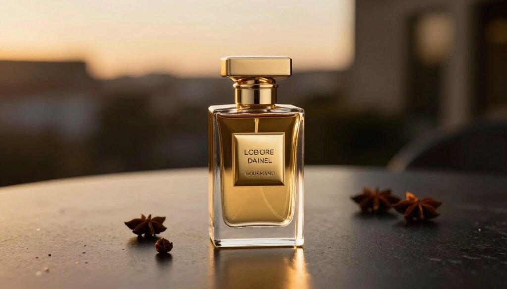 Perfume gourmand em cenário noturno elegante
