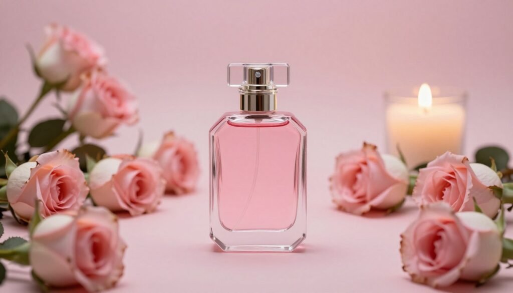 Composição romântica com rosas e perfume