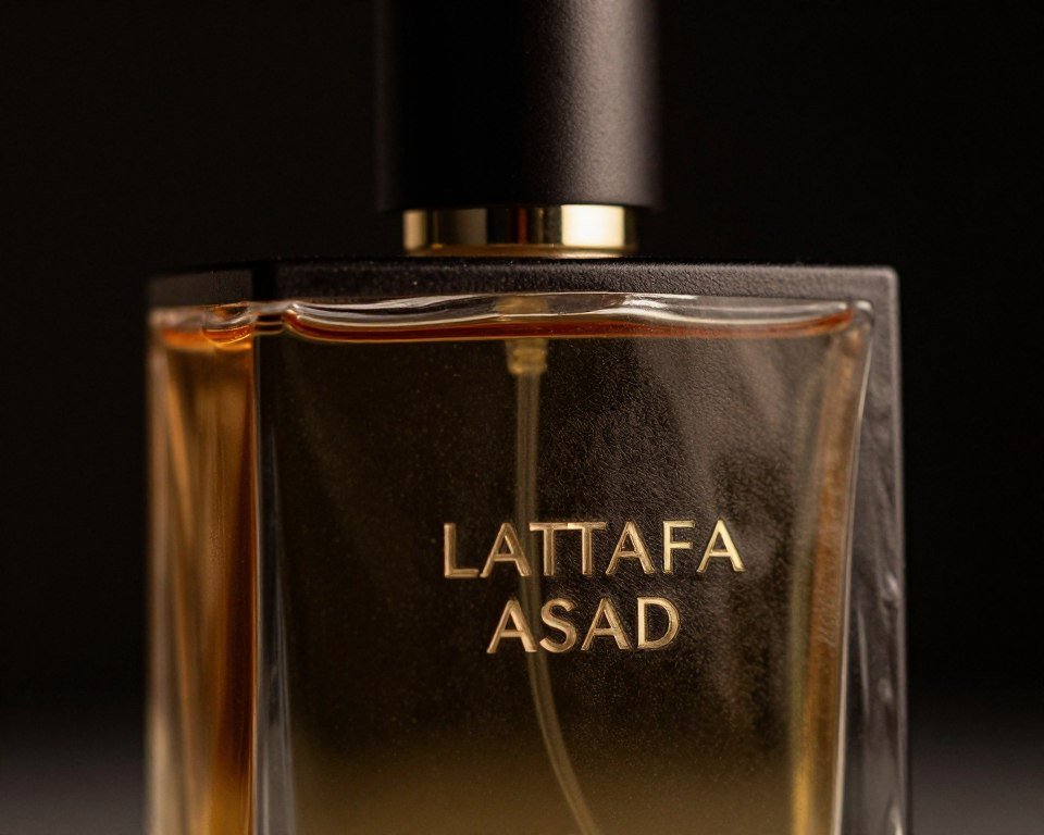 Frasco Lattafa Asad com iluminação dourada