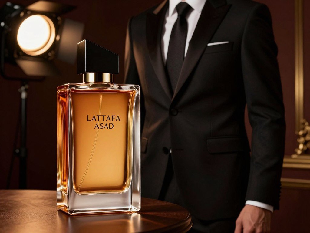 Frasco de perfume ao lado de terno masculino