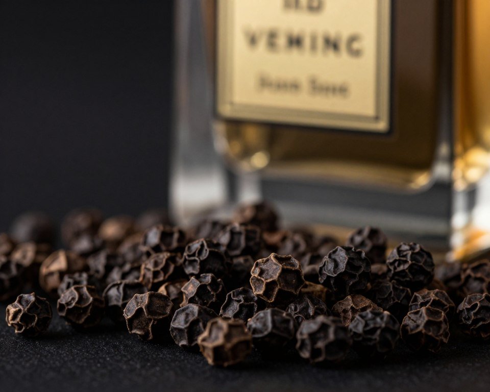 Grãos de black pepper em composição de perfume