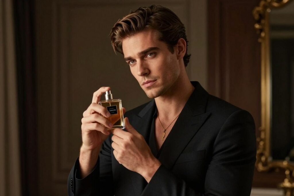 Homem aplicando fragrance antes de uma ocasião especial
