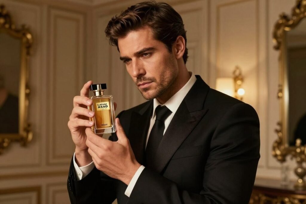 Homem bem vestido usando Lattafa Asad 100ml Eau De Parfum