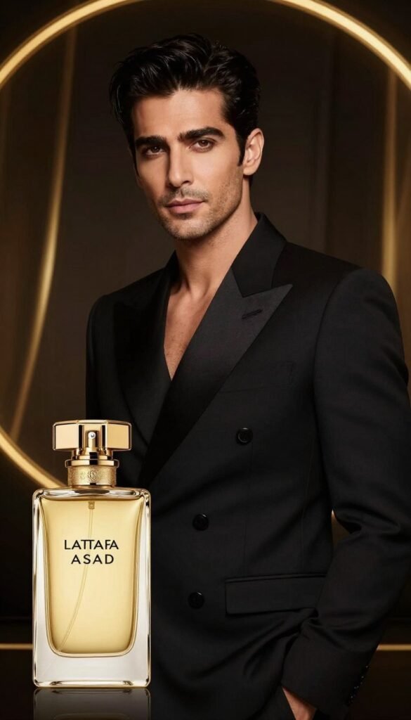 Homem elegante com frasco Lattafa Asad