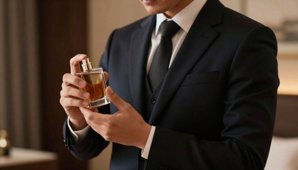 Homem usando perfume antes de sair