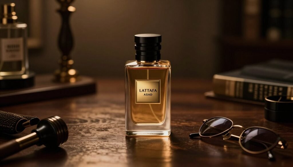 Perfume Lattafa Asad em mesa de madeira escura