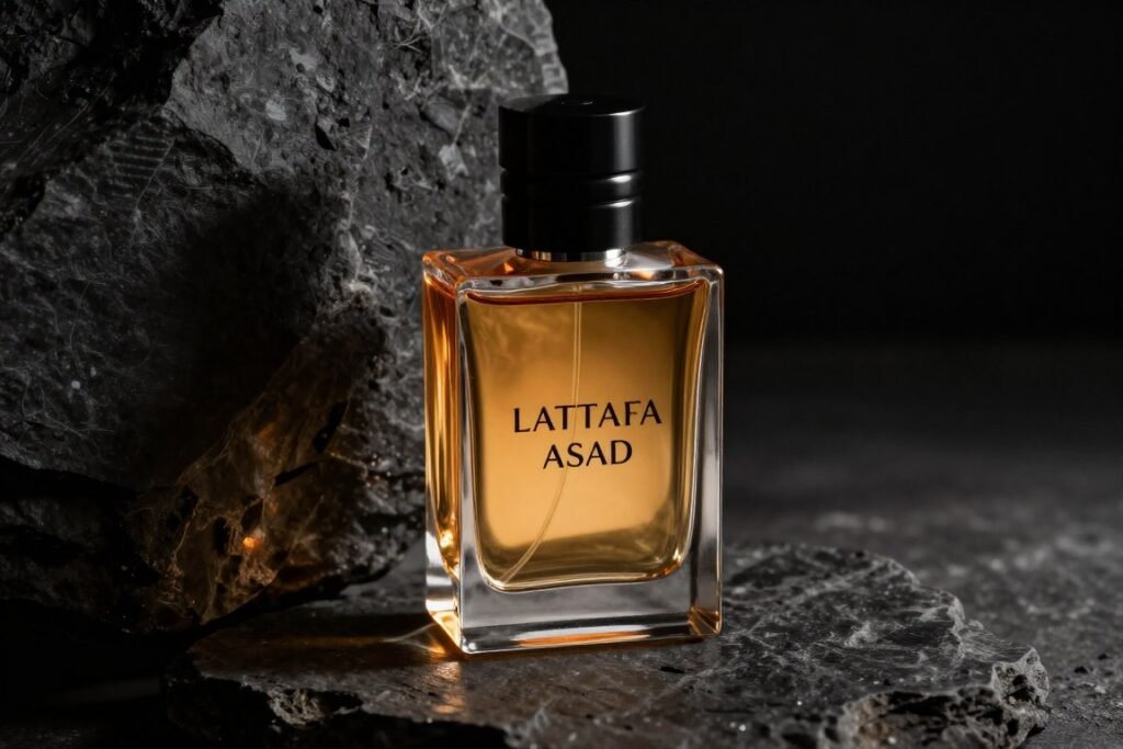 Perfume Lattafa Asad sobre pedra escura