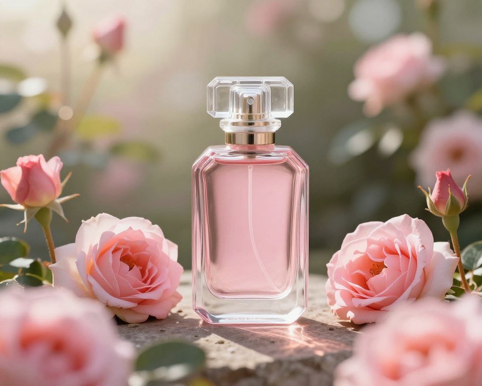 Perfume feminino em jardim de rosas