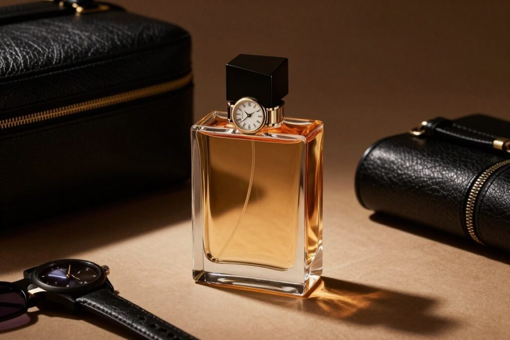 Perfume masculino com relógio e couro